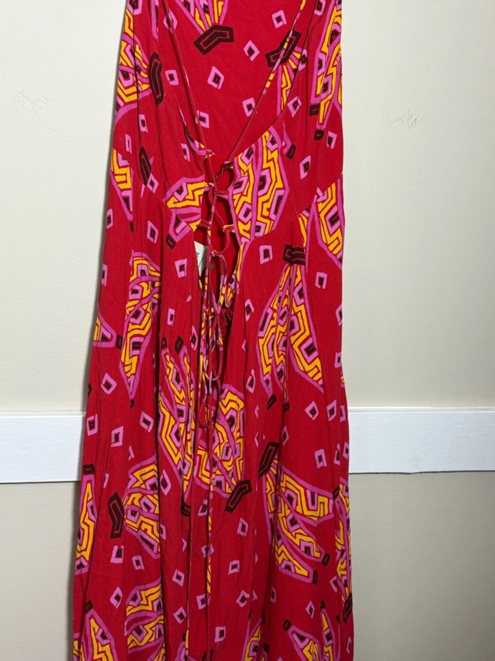 Farm Rio Red Boho Midi Dress XL Lace Up Back Beaded Tassel Strappy - Picture 6 of 11